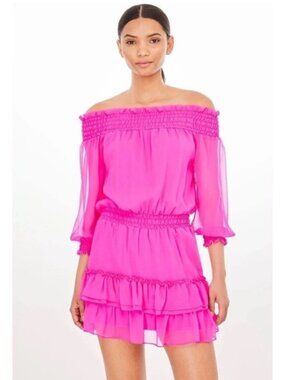Generation Love Fiona hot pink off shoulder ruffle smocked waist mini dress XS